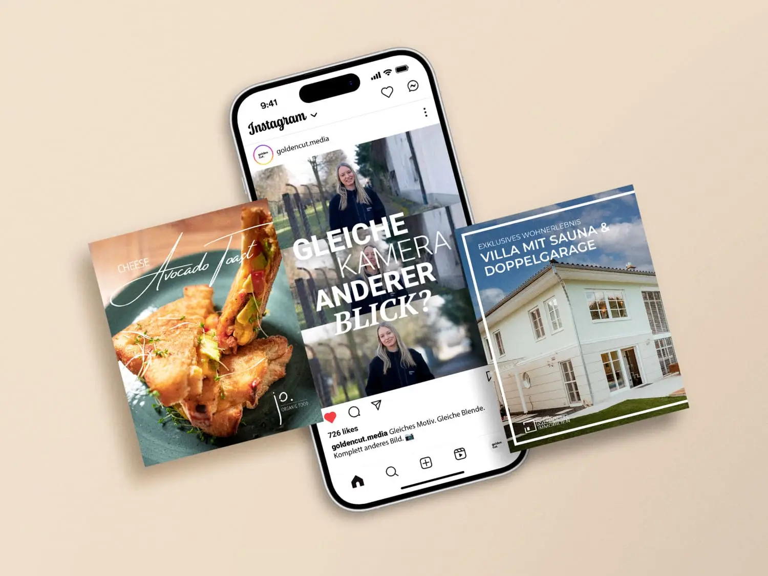 Instagram Mockup mit Social Media Posts  goldencutmedia Filmproduktion  Medienagentur